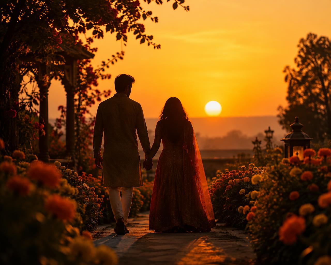 Couple walking at sunset