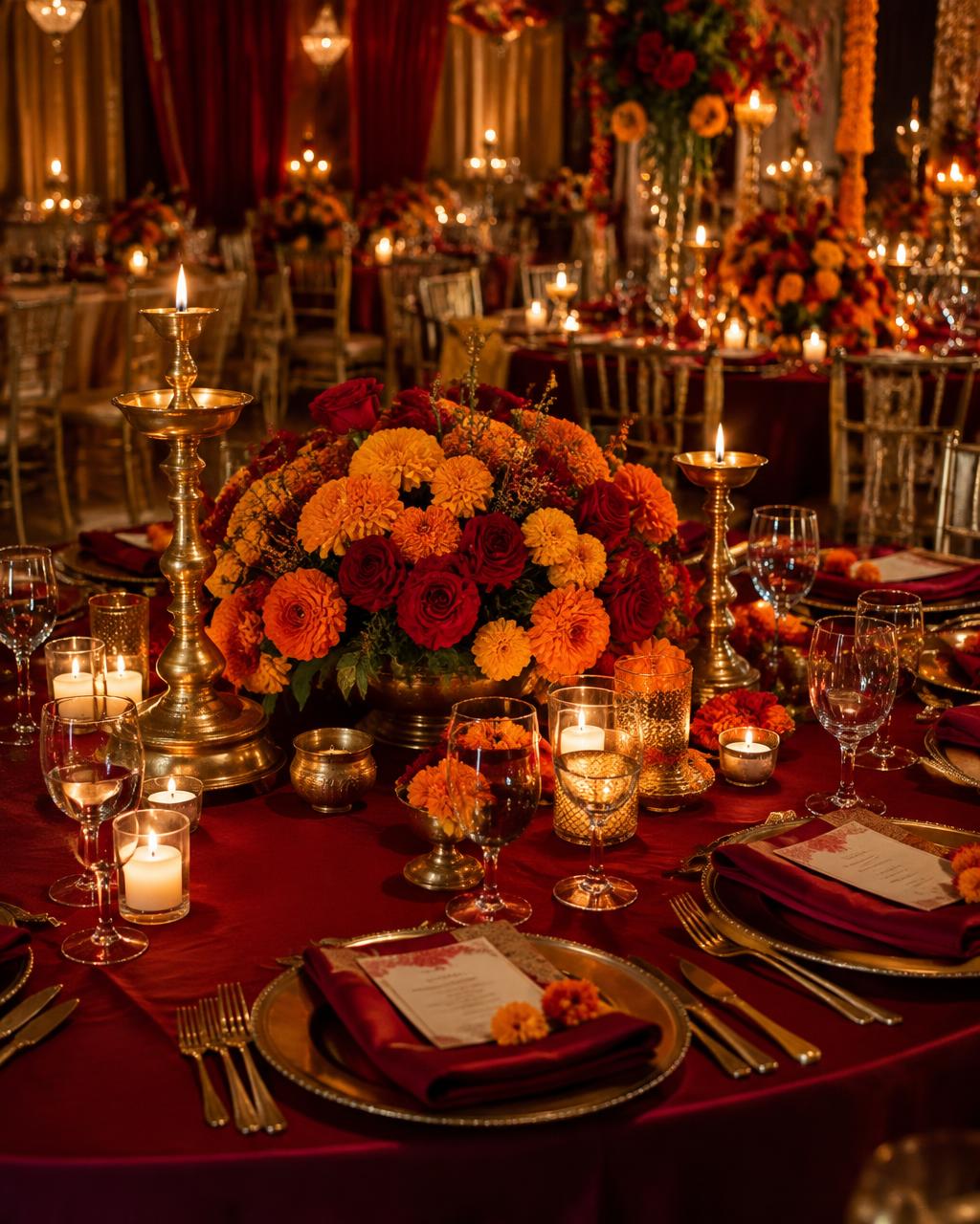 Reception table with marigolds