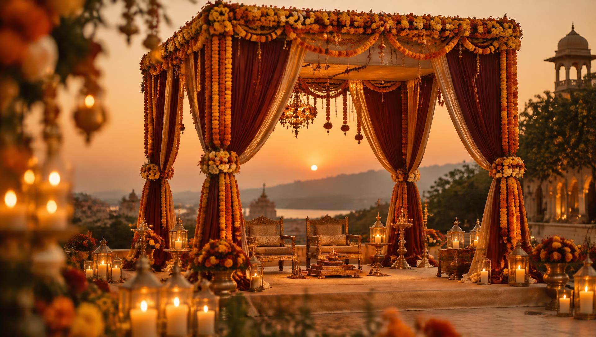 Marigold-decorated mandap at sunset